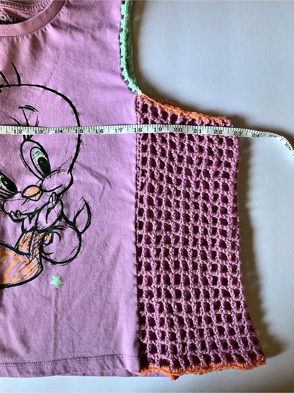 Upcycled Looney Tunes Tweety Bird Graphic Tank Top With Crochet - Picture 6 of 8